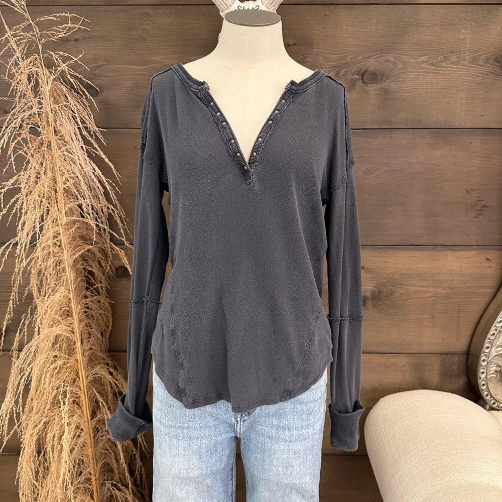 Free People distressed Black Henley nailhead v neck top